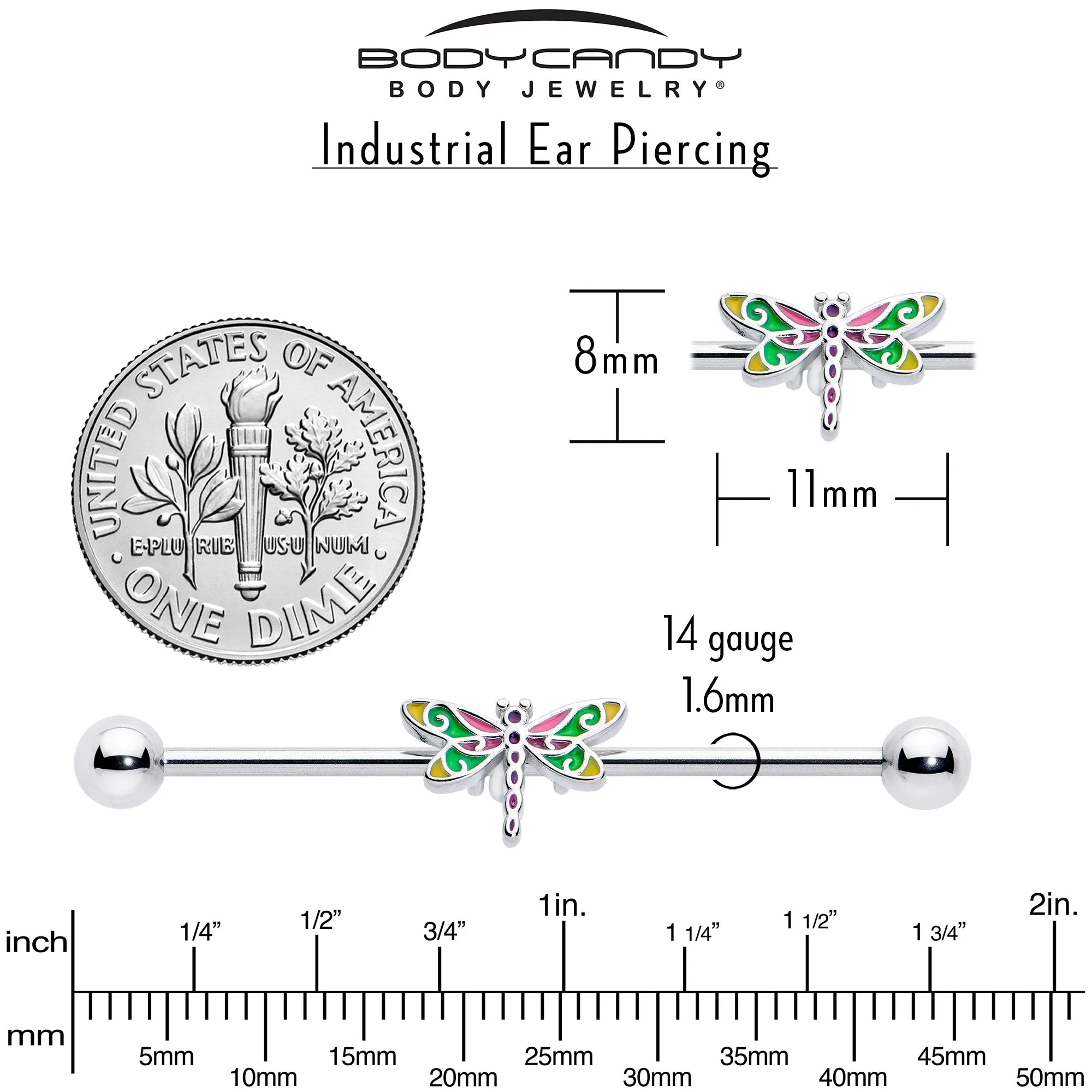 14 Gauge Dragonfly Colors Industrial Barbell 38mm