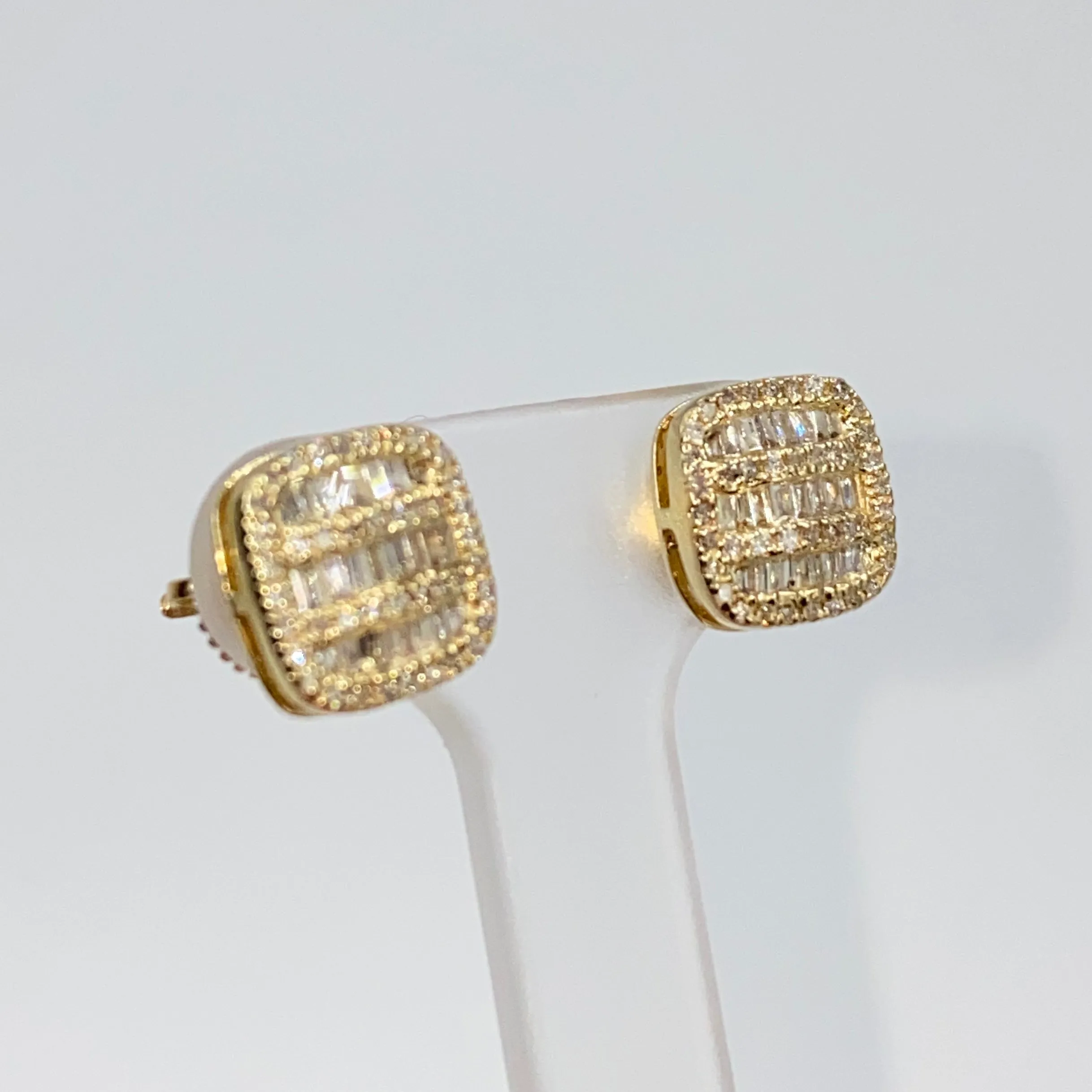 14K 8.7MM Rounded Square Baguette Diamond Earrings