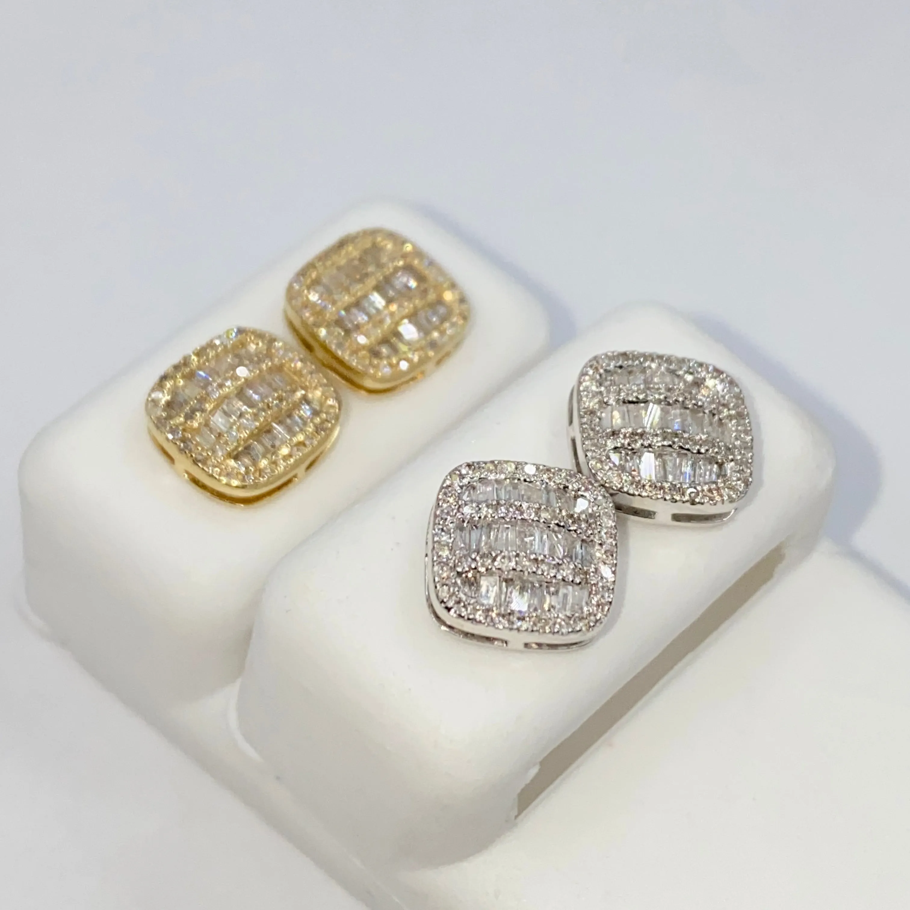 14K 8.7MM Rounded Square Baguette Diamond Earrings