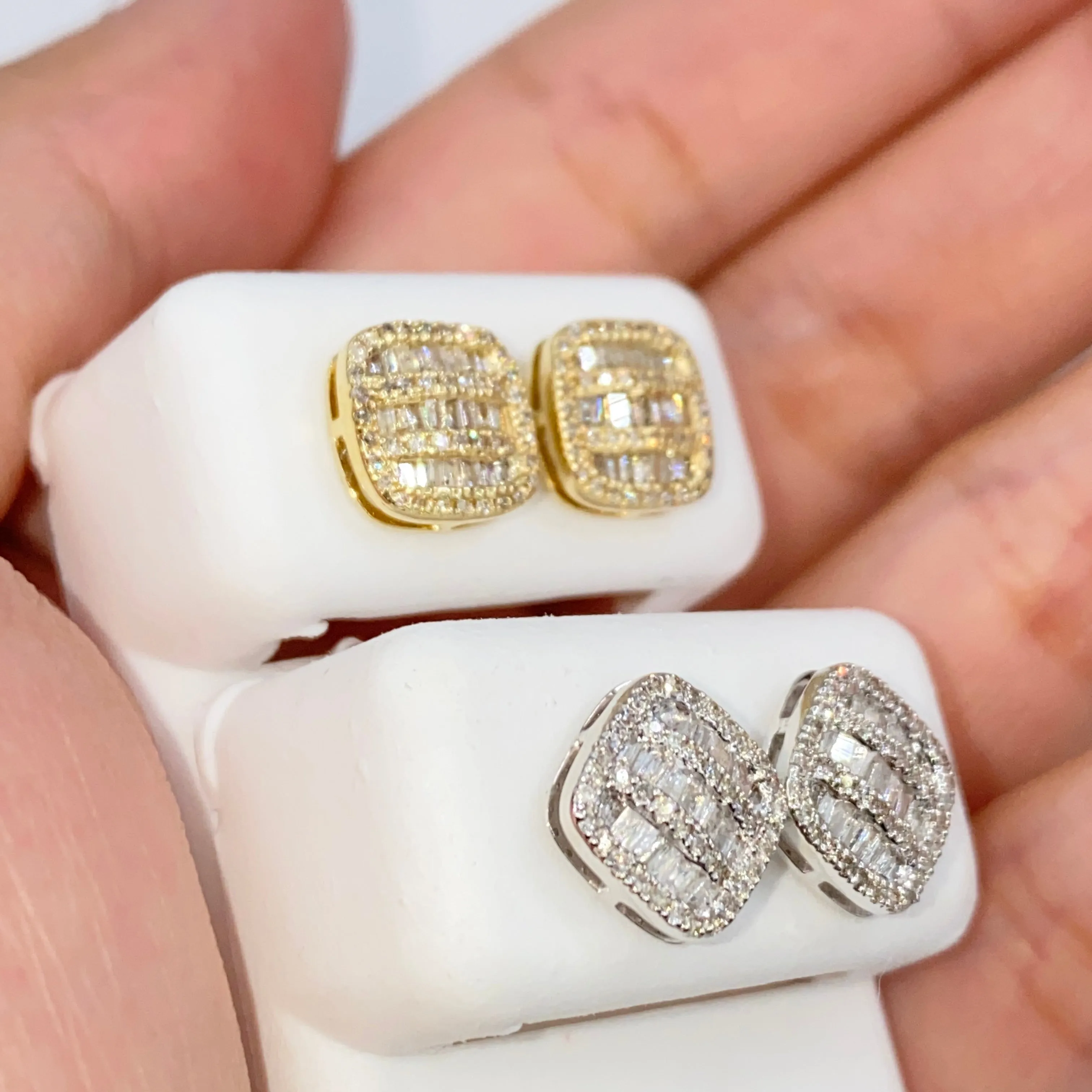 14K 8.7MM Rounded Square Baguette Diamond Earrings