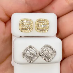 14K 8.7MM Rounded Square Baguette Diamond Earrings