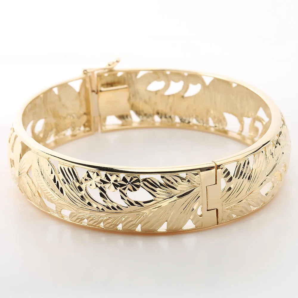 14K Yellow Gold See Through Maile Leaf Bangle 15mm