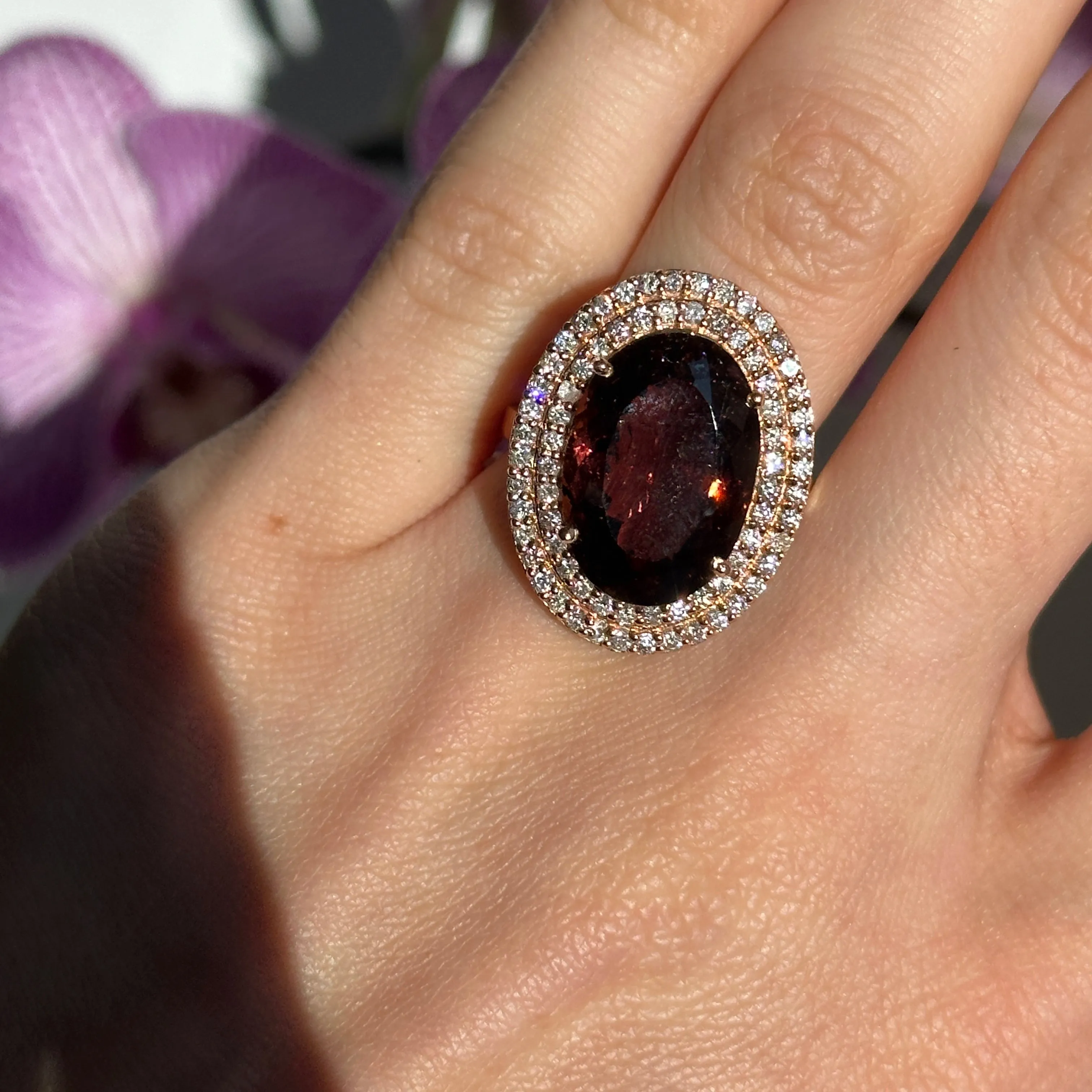 14KT Rose Gold Oval Large Tourmaline   Double Diamond Halo Ring