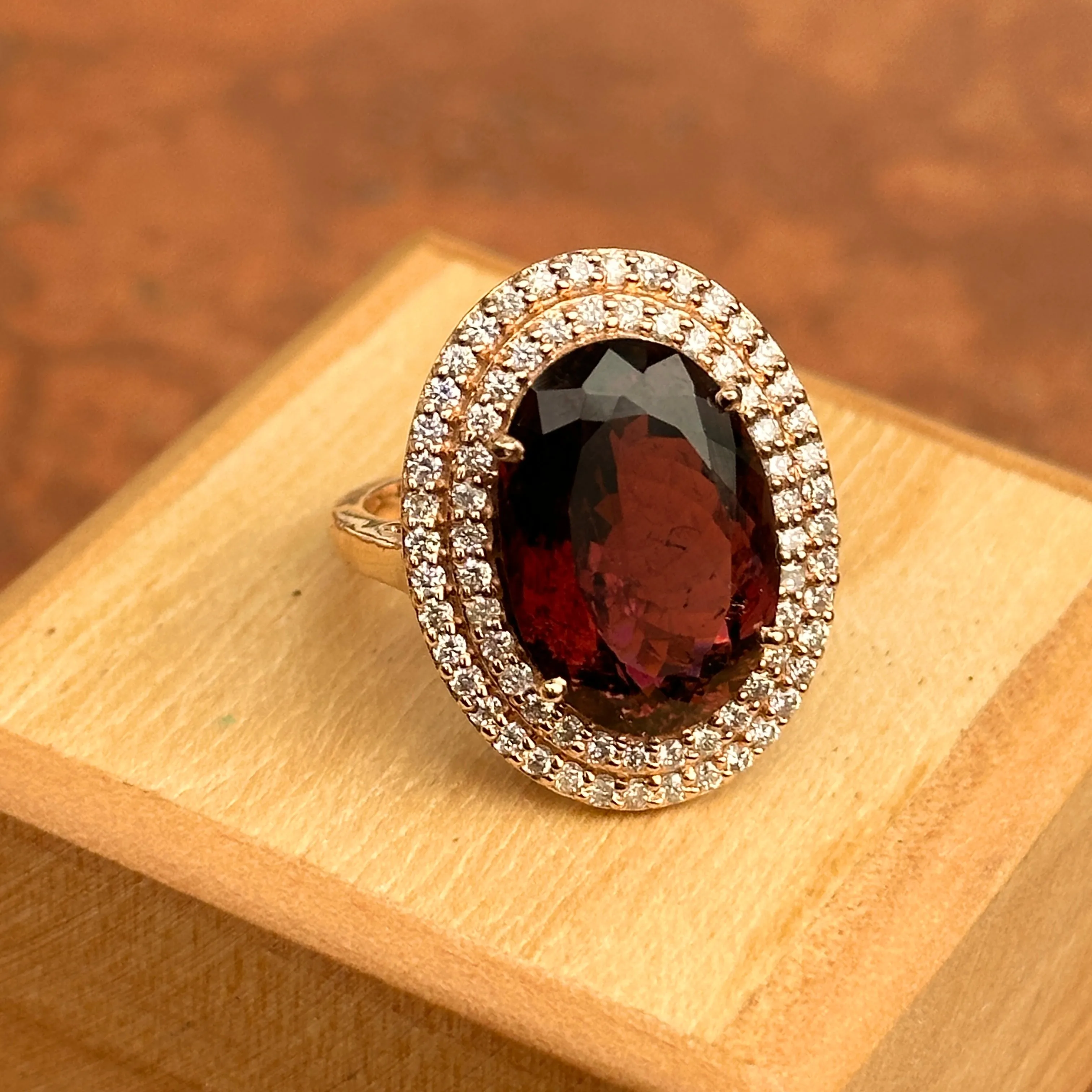 14KT Rose Gold Oval Large Tourmaline   Double Diamond Halo Ring