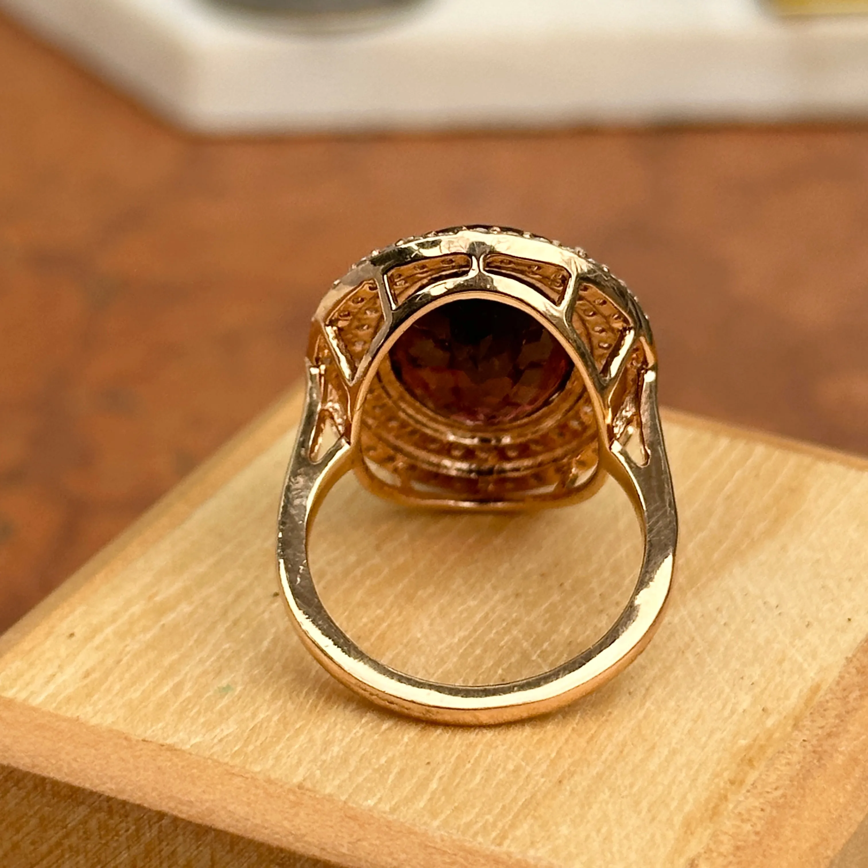 14KT Rose Gold Oval Large Tourmaline   Double Diamond Halo Ring