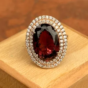 14KT Rose Gold Oval Large Tourmaline   Double Diamond Halo Ring