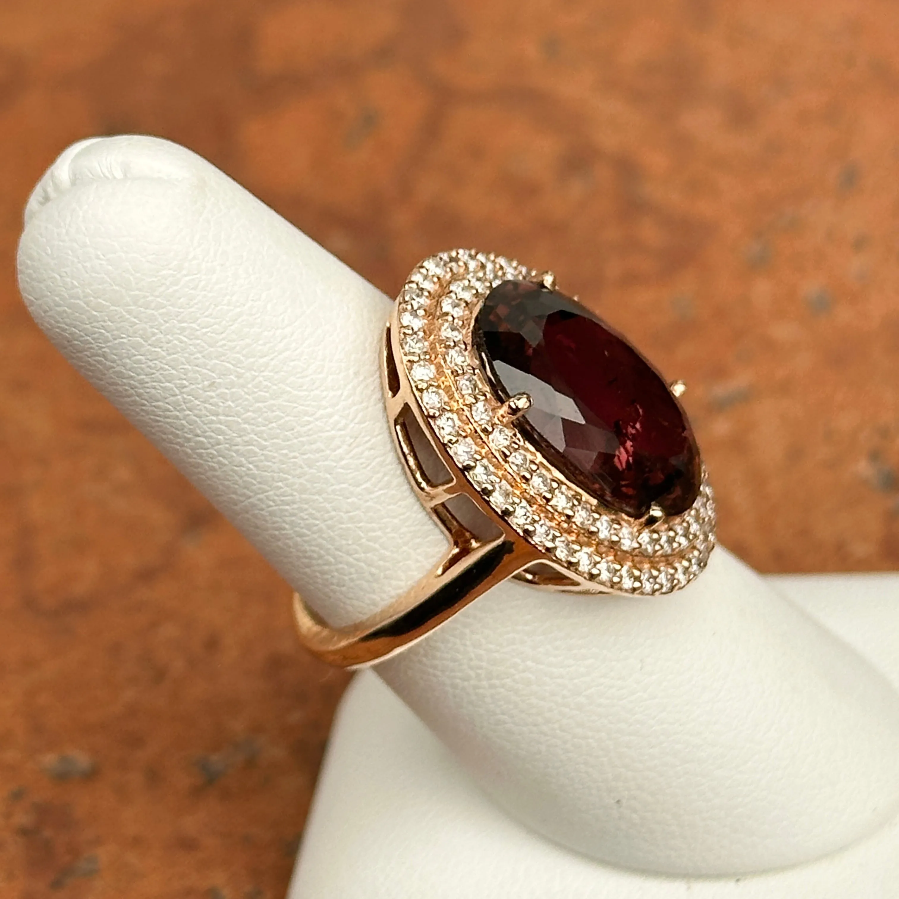 14KT Rose Gold Oval Large Tourmaline   Double Diamond Halo Ring