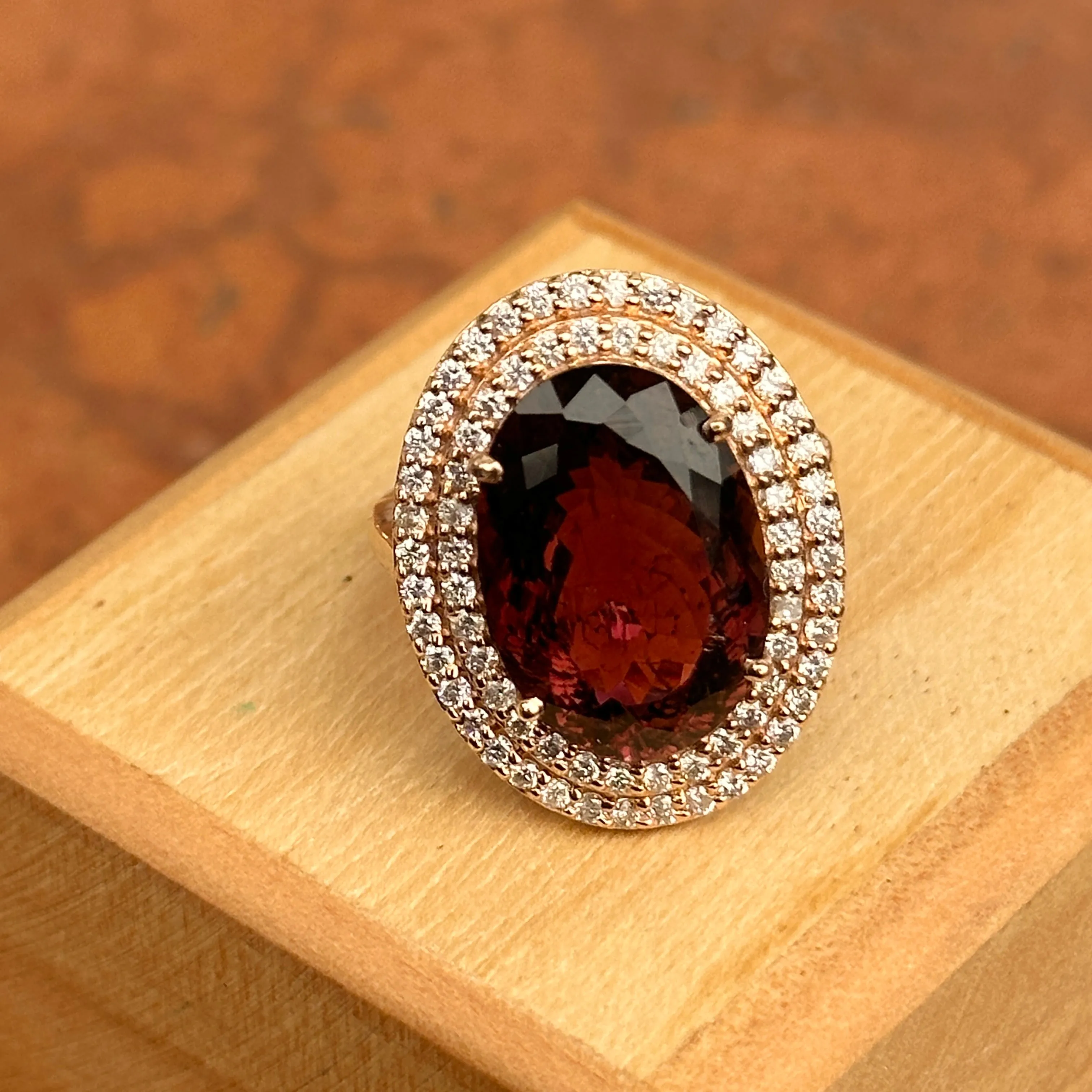 14KT Rose Gold Oval Large Tourmaline   Double Diamond Halo Ring