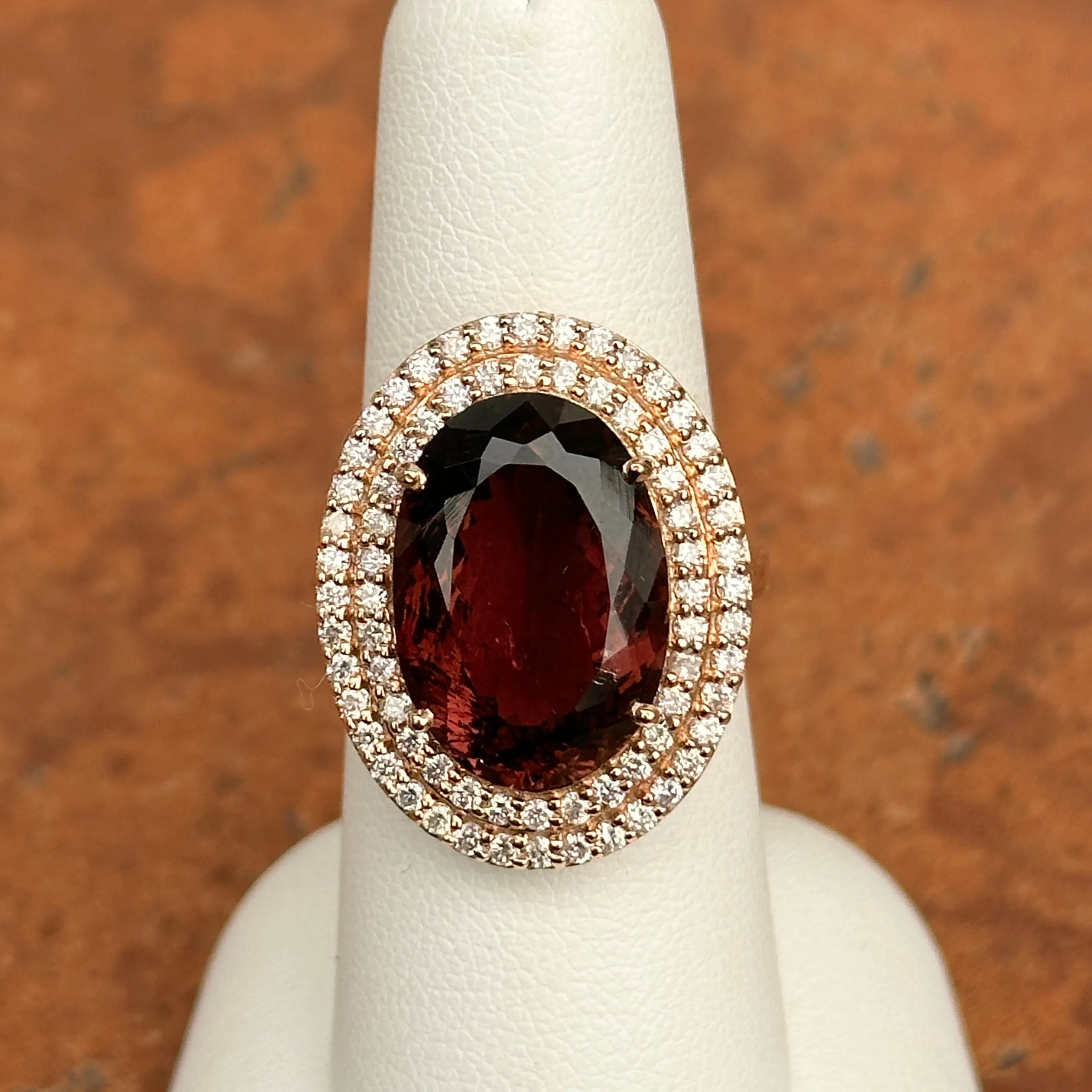 14KT Rose Gold Oval Large Tourmaline   Double Diamond Halo Ring