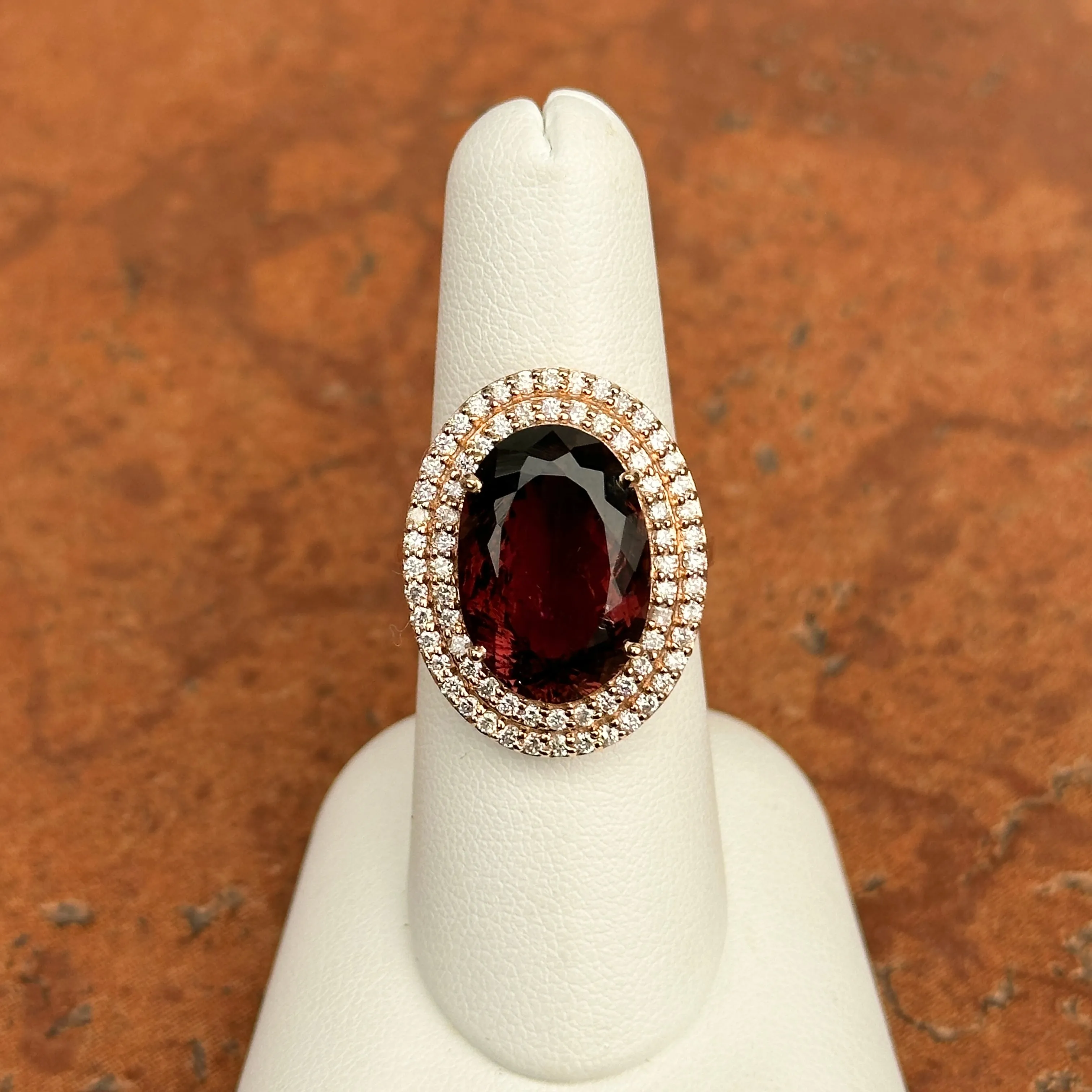 14KT Rose Gold Oval Large Tourmaline   Double Diamond Halo Ring