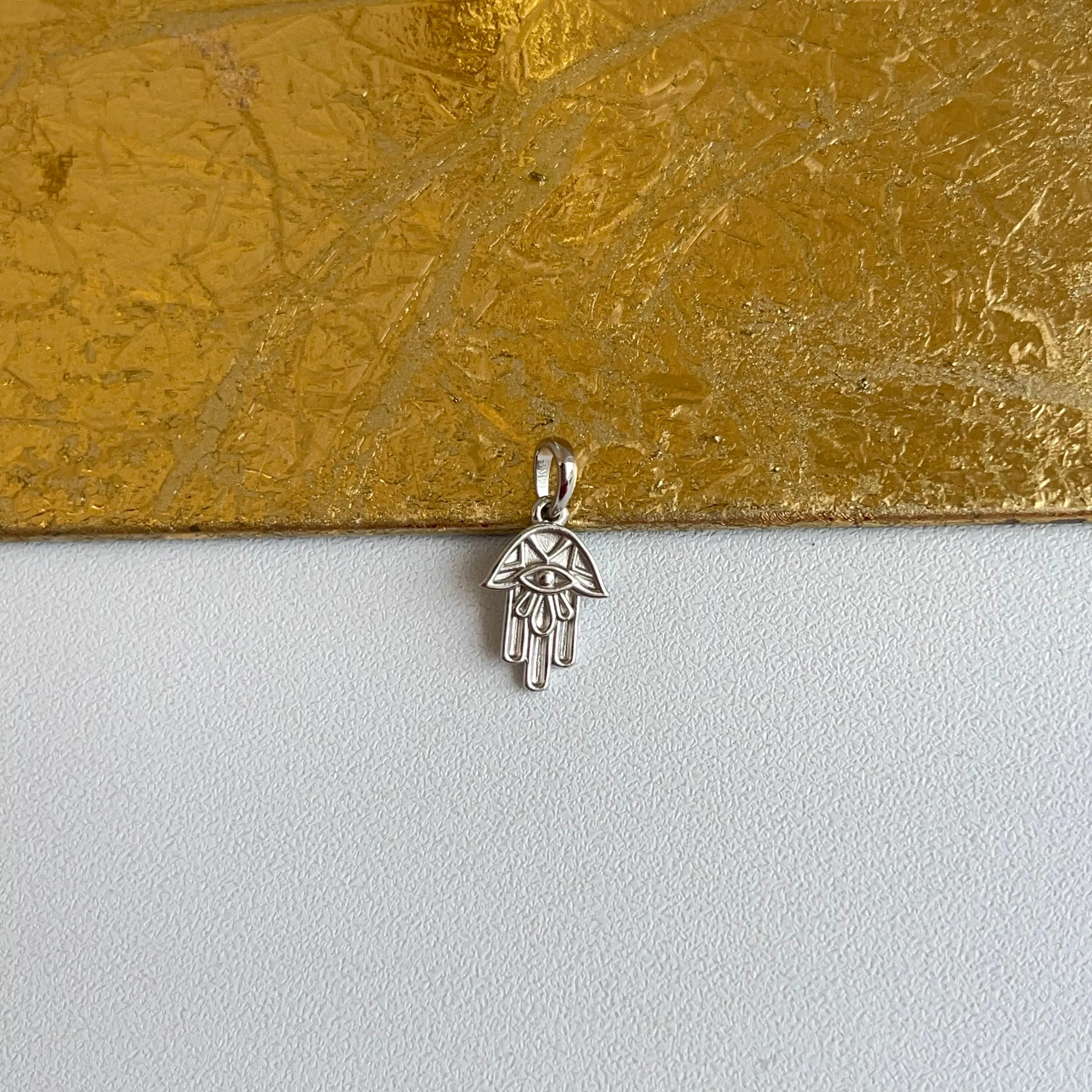 14KT White Gold Mini Raised Design Hamsa Pendant Charm