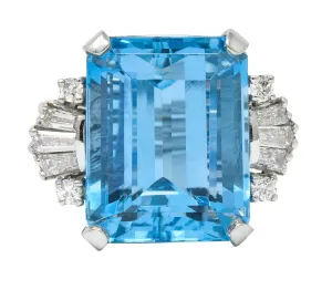 1950's Mid-Century 15.40 CTW Aquamarine Diamond Platinum Cocktail Ring