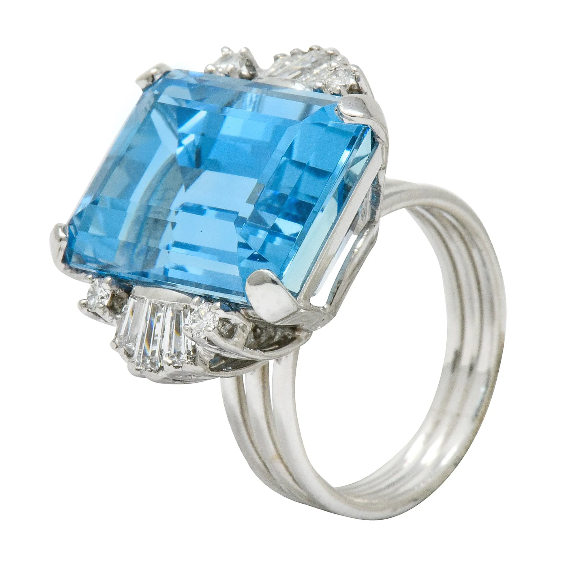 1950's Mid-Century 15.40 CTW Aquamarine Diamond Platinum Cocktail Ring