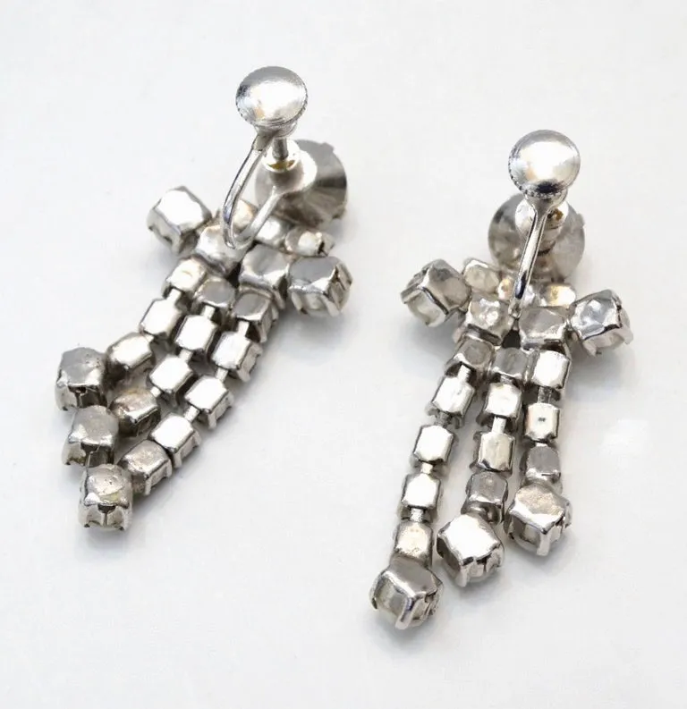 1960s White Rhinestone Dangle Screw Back Earrings