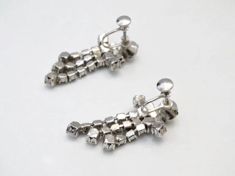 1960s White Rhinestone Dangle Screw Back Earrings