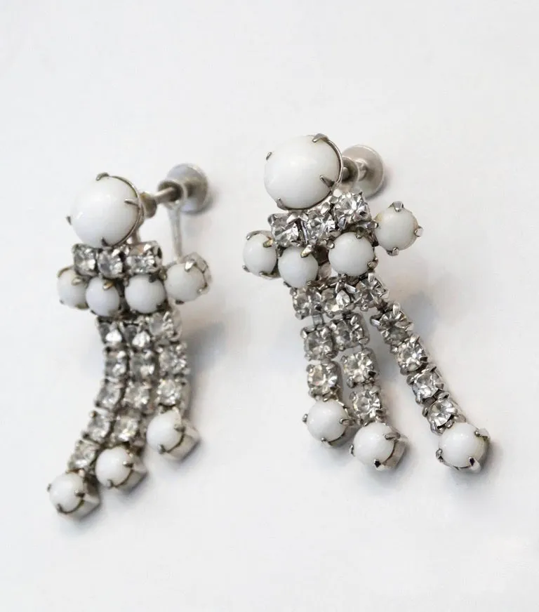 1960s White Rhinestone Dangle Screw Back Earrings