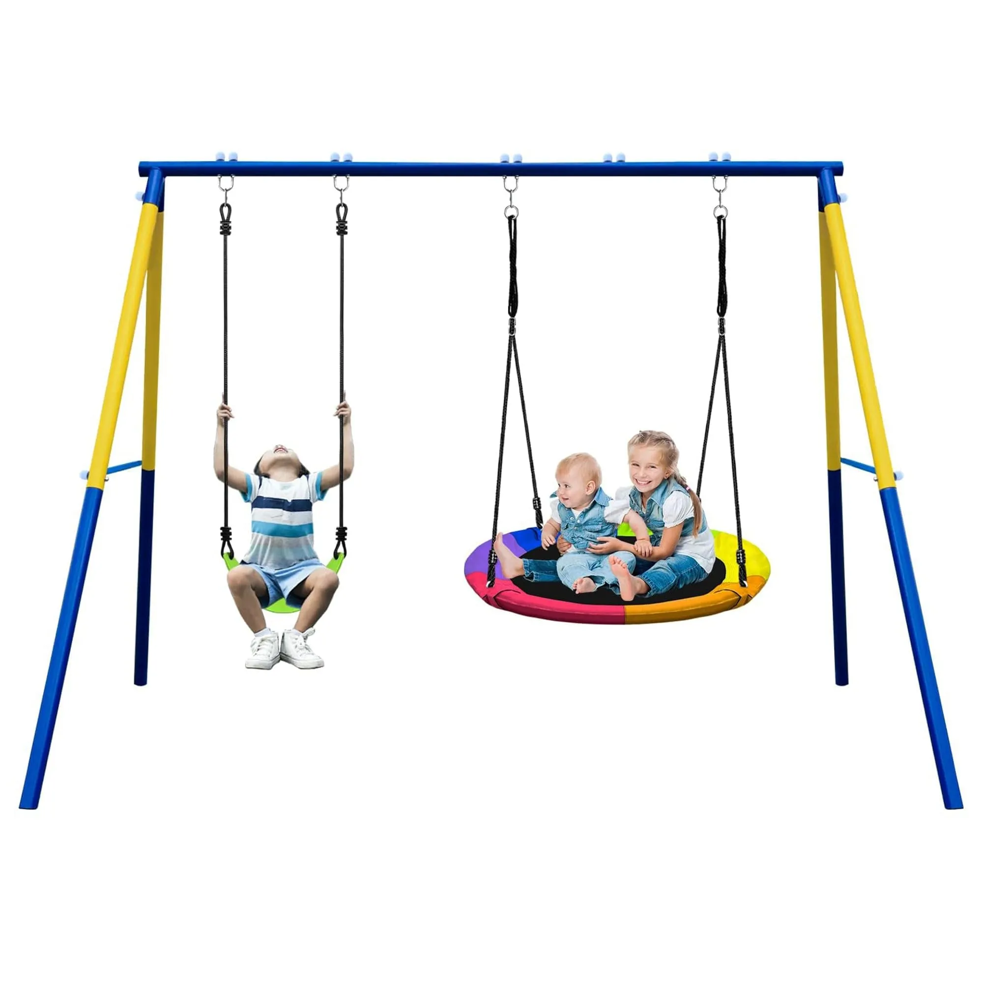 2 Seat Swing Set for Backyard with 1 Saucer Belt Multi-Colorful