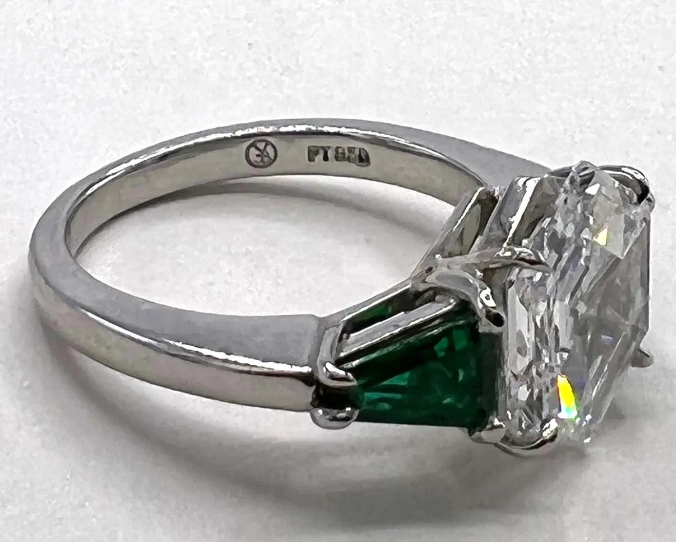 2.19 Carat Hexagonal Diamond Emerald Platinum Engagement Ring