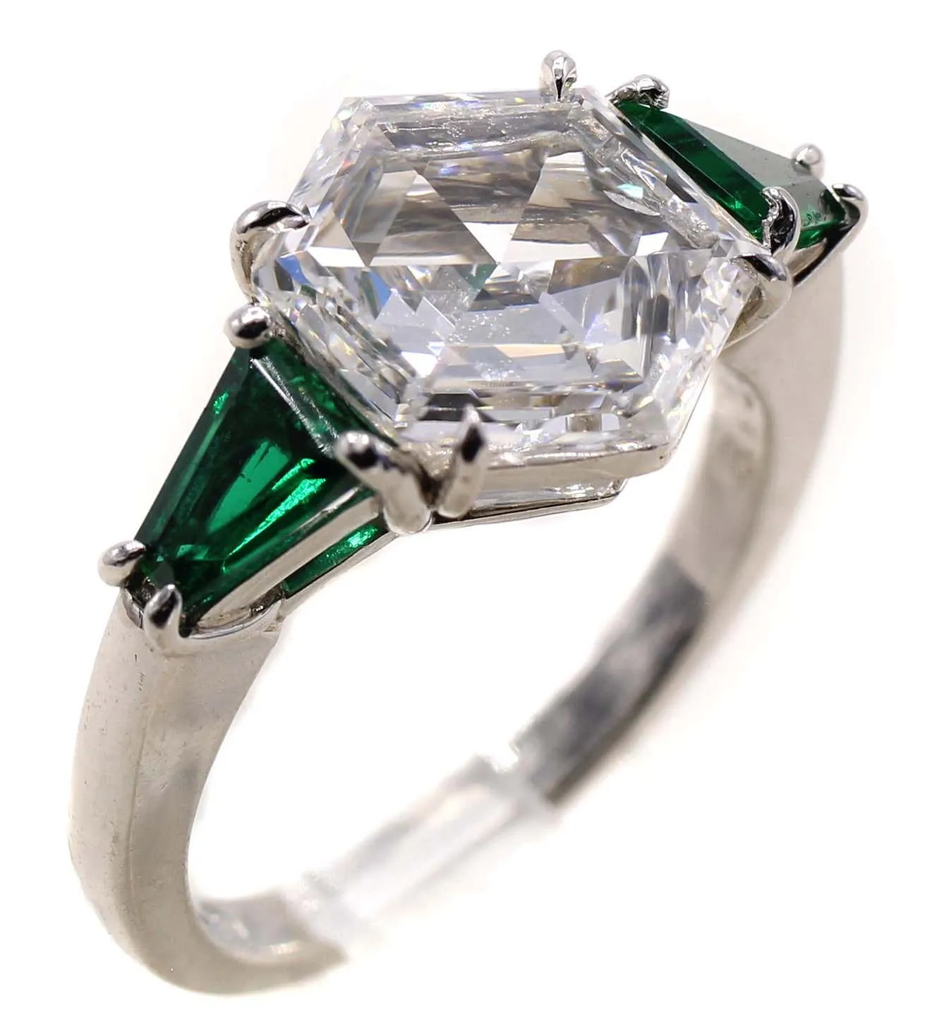 2.19 Carat Hexagonal Diamond Emerald Platinum Engagement Ring