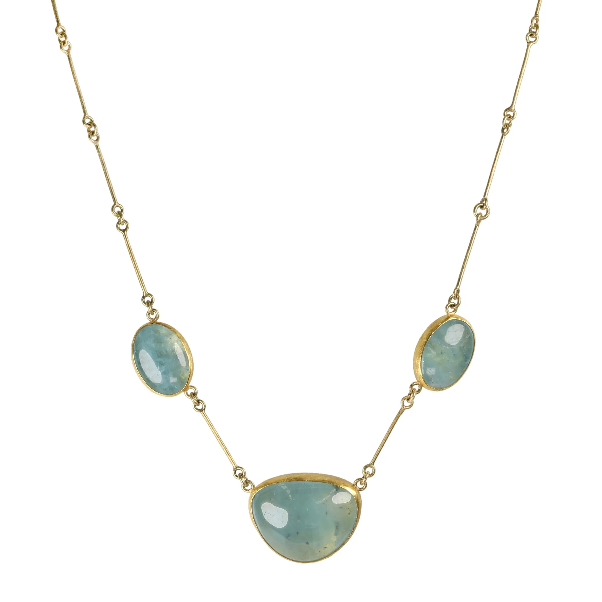 22 & 18K Segmented Bar Chain Necklace with Three Cabochon Aquamarines