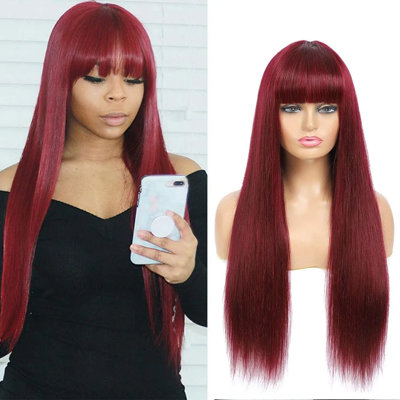 99J Straight Human Hair Wigs With Bangs 180% Density Red Color Machine Made Non-Lace Wigs For Black Women