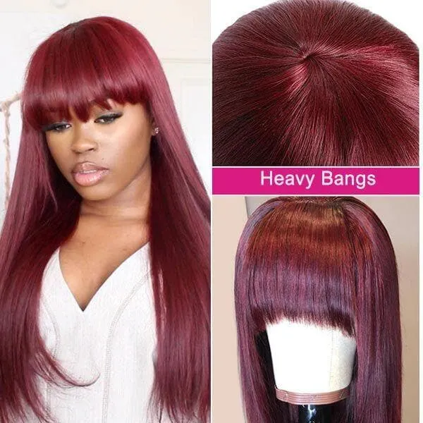 99J Straight Human Hair Wigs With Bangs 180% Density Red Color Machine Made Non-Lace Wigs For Black Women