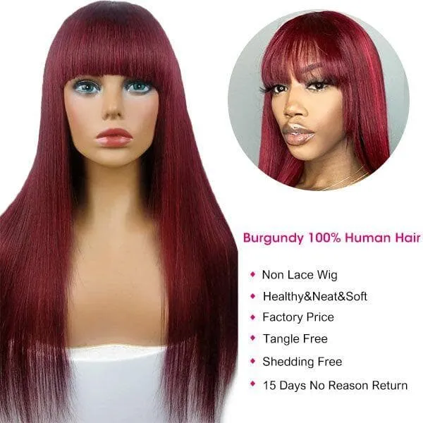 99J Straight Human Hair Wigs With Bangs 180% Density Red Color Machine Made Non-Lace Wigs For Black Women