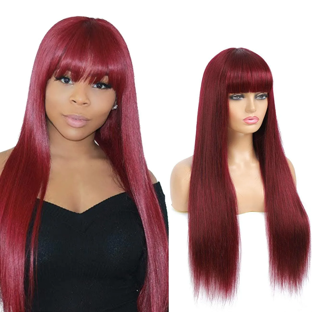 99J Straight Human Hair Wigs With Bangs 180% Density Red Color Machine Made Non-Lace Wigs For Black Women