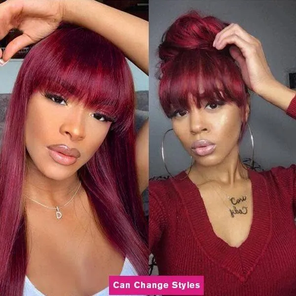 99J Straight Human Hair Wigs With Bangs 180% Density Red Color Machine Made Non-Lace Wigs For Black Women
