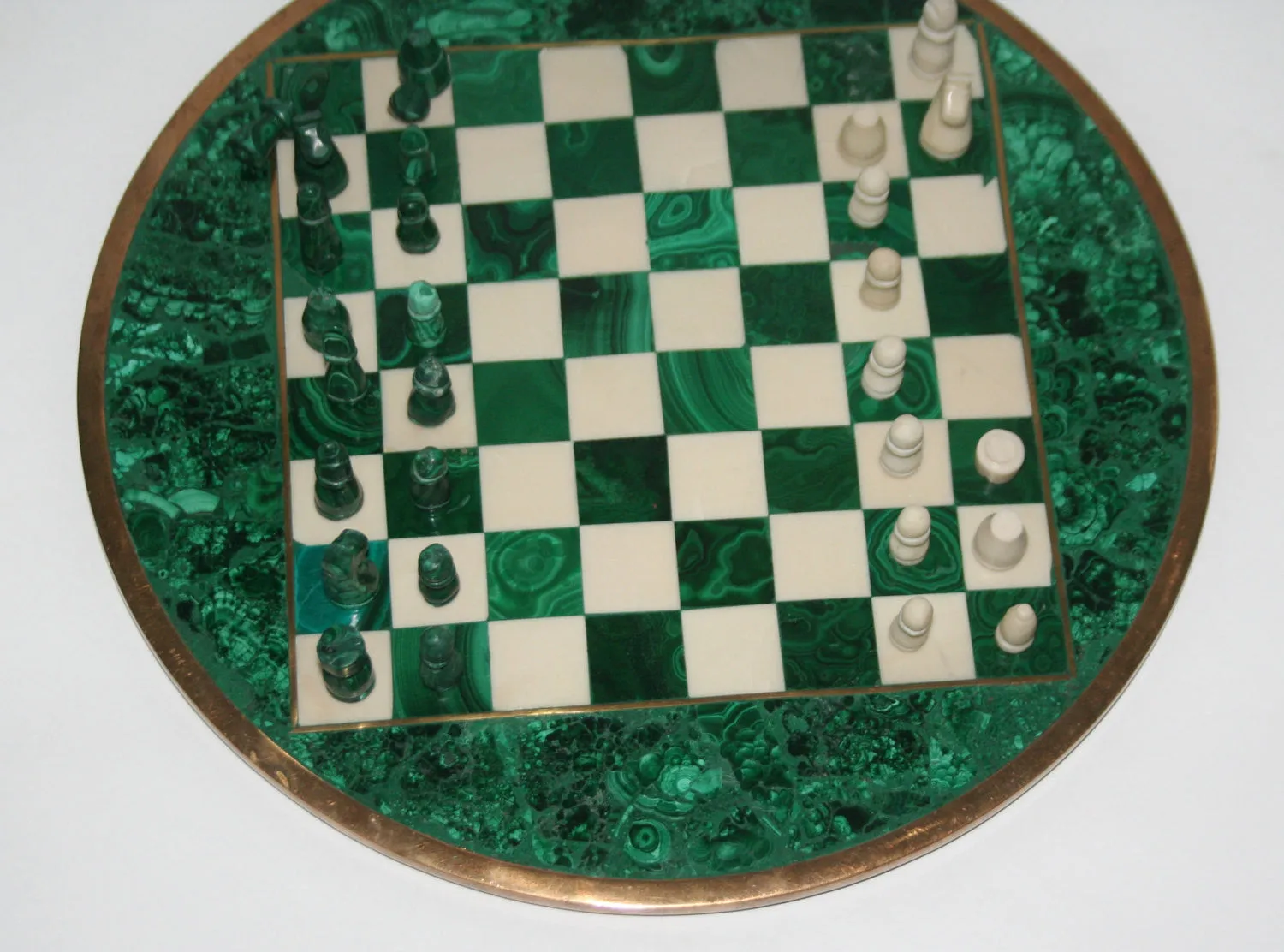 African Malachite and Bronze Chess Set Authentic Rare Circular Vintage 11"D X 32.5"C