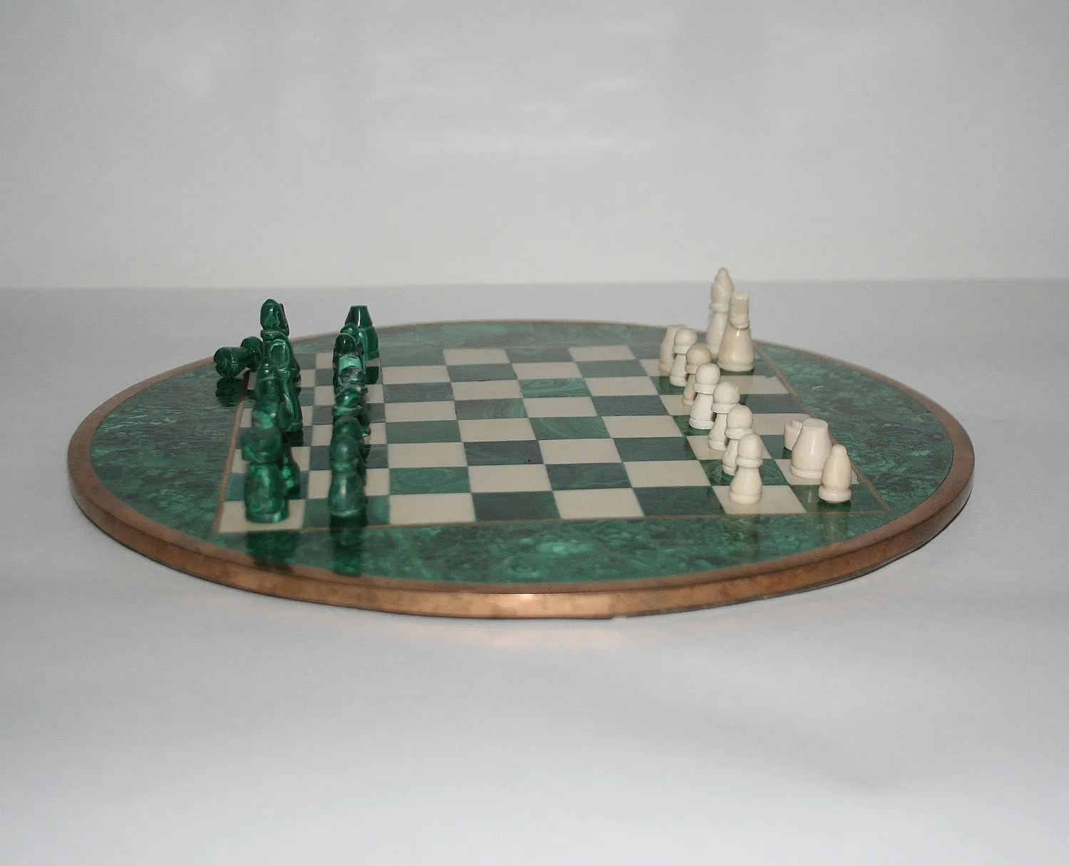 African Malachite and Bronze Chess Set Authentic Rare Circular Vintage 11"D X 32.5"C