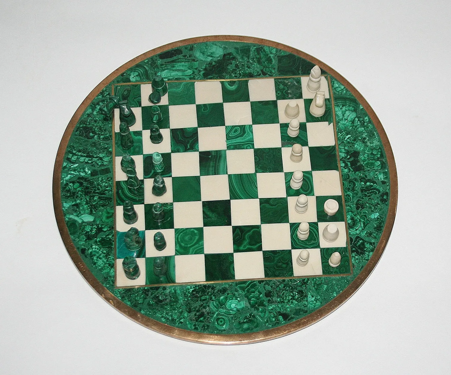 African Malachite and Bronze Chess Set Authentic Rare Circular Vintage 11"D X 32.5"C