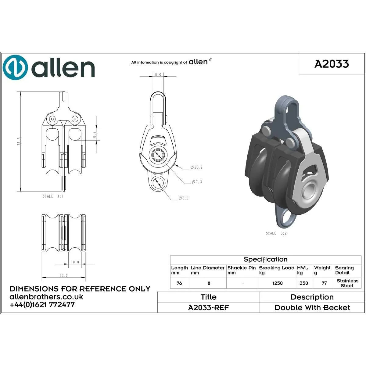 Allen 30mm Double Block with Becket