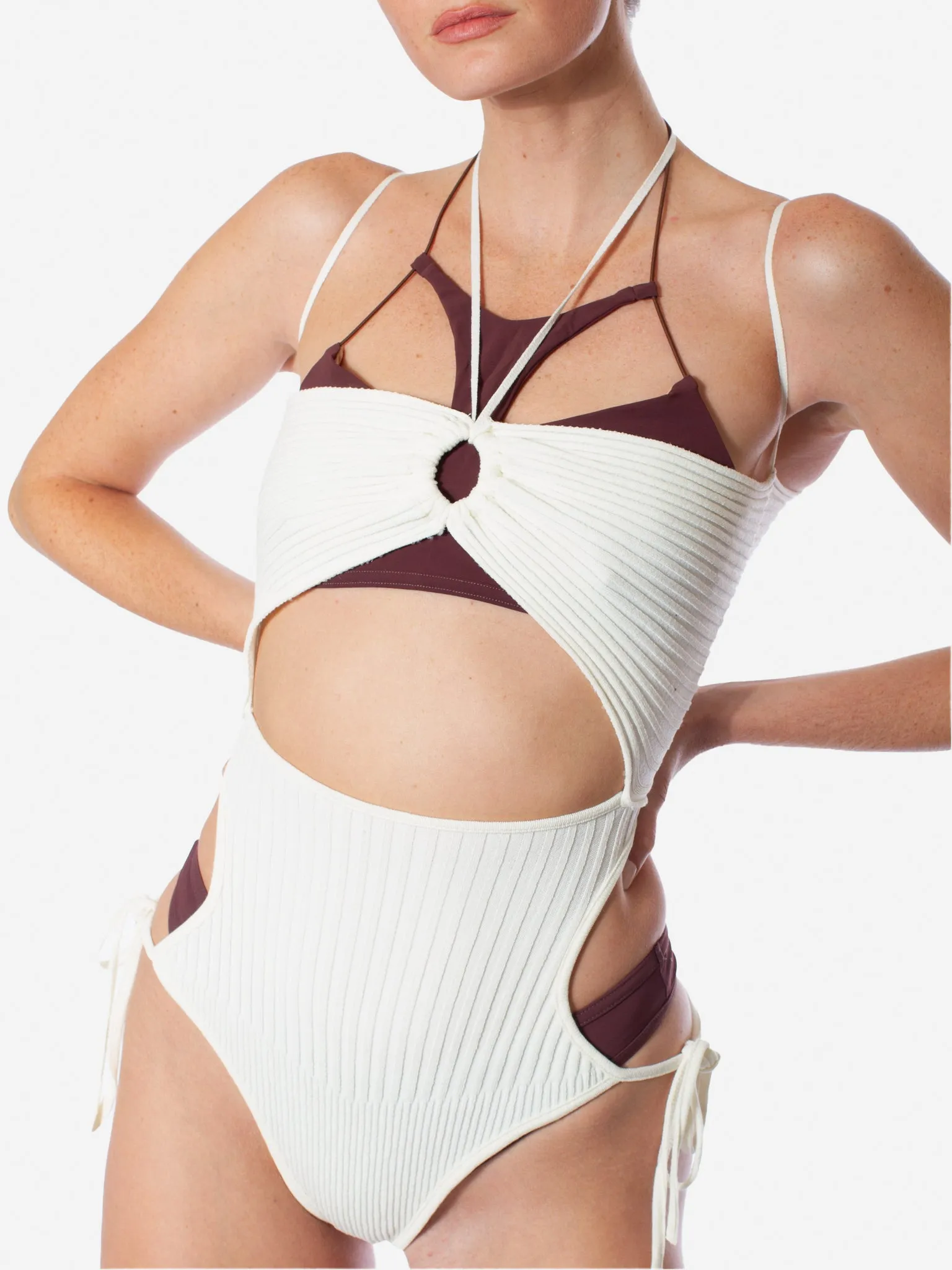 ANDREADAMO Ribbed Knit Sleeveless Bodysuit With Cut