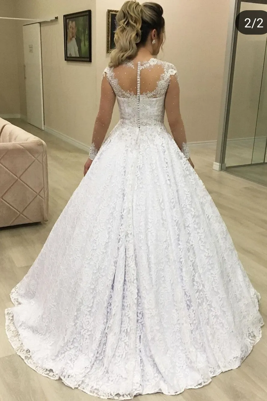 Beaded Appliqued Lace Wedding Dresses with See-through Long Sleeves