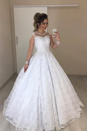 Beaded Appliqued Lace Wedding Dresses with See-through Long Sleeves