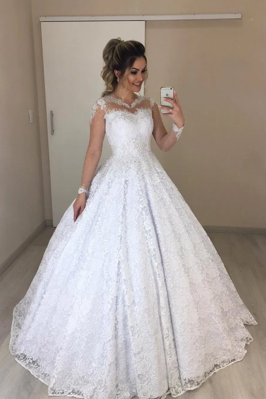 Beaded Appliqued Lace Wedding Dresses with See-through Long Sleeves