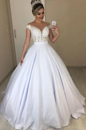 Beaded See-through Wedding Gowns with Lace Cap Sleeves