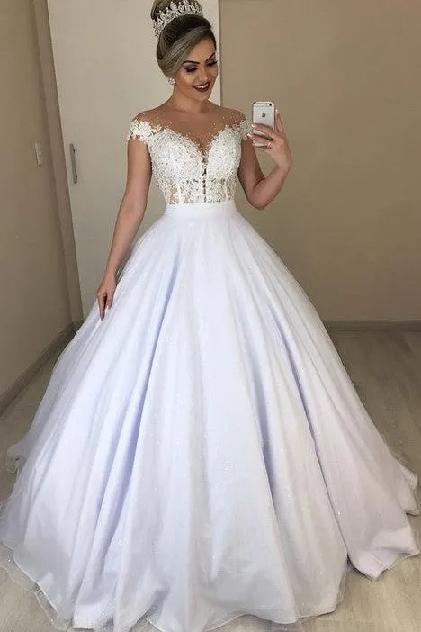 Beaded See-through Wedding Gowns with Lace Cap Sleeves