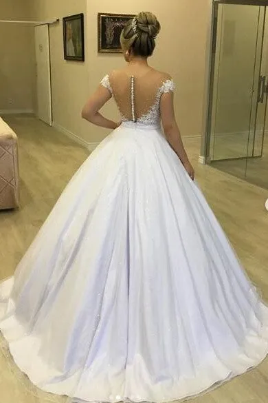 Beaded See-through Wedding Gowns with Lace Cap Sleeves