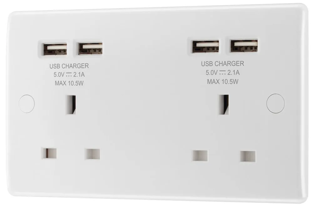 BG 824U44 White Round Edge 13A Double Socket   4x USB