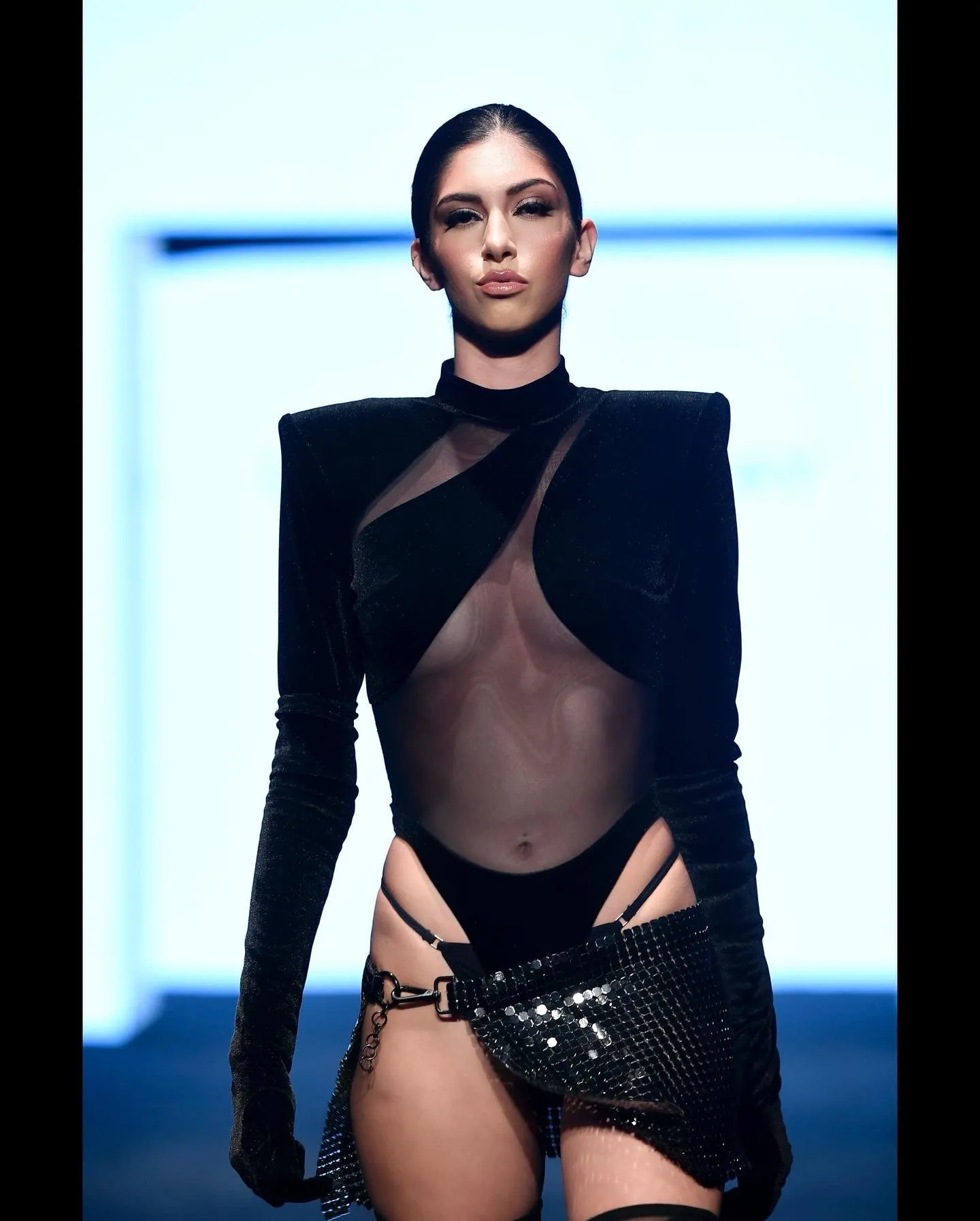 Black Metallic Patent Chainmail skirt with Bodysuit and Warmers
