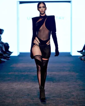 Black Metallic Patent Chainmail skirt with Bodysuit and Warmers
