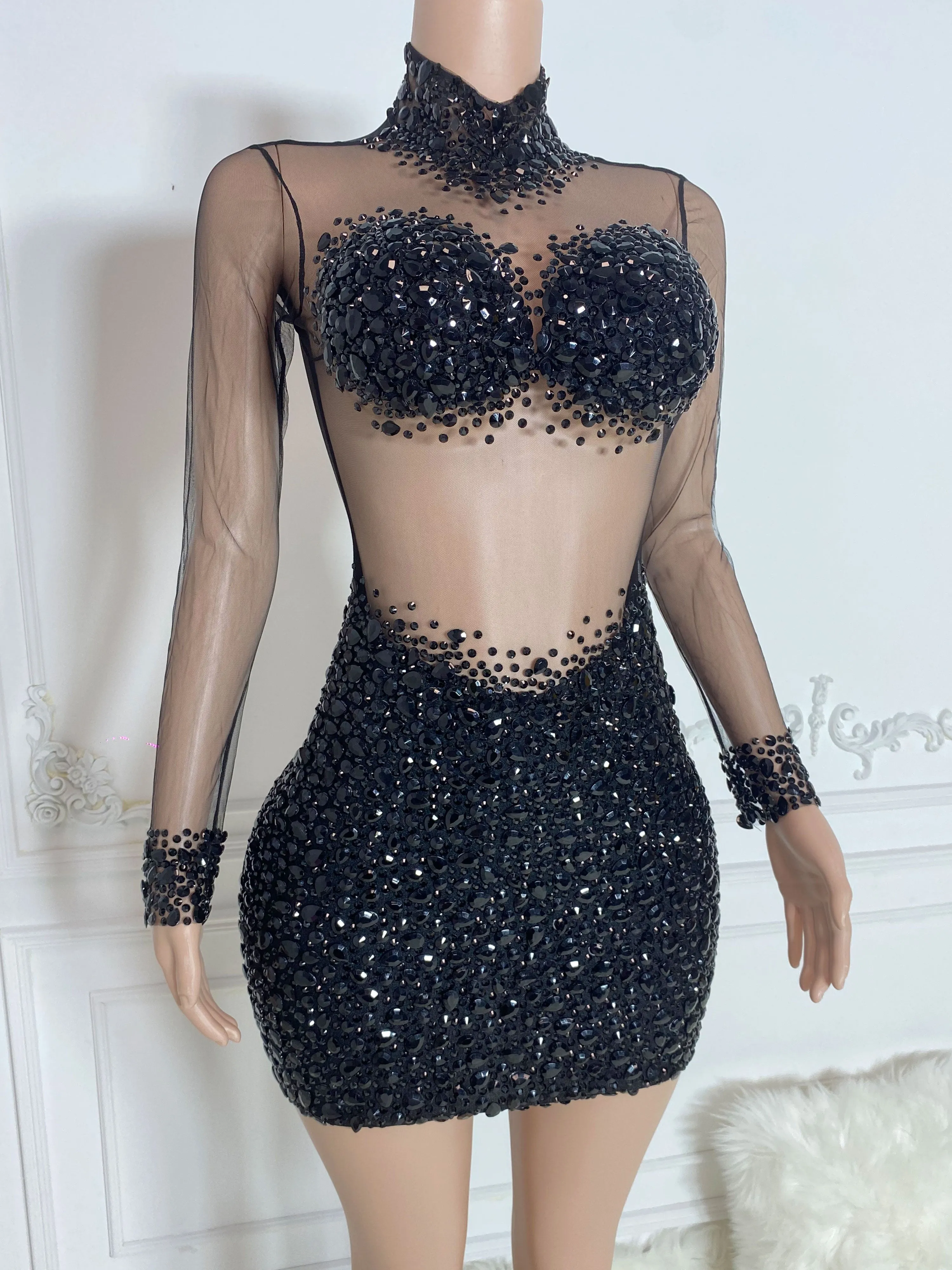 Black See Through and Big Rhinestone Long Sleeve Mini Dress
