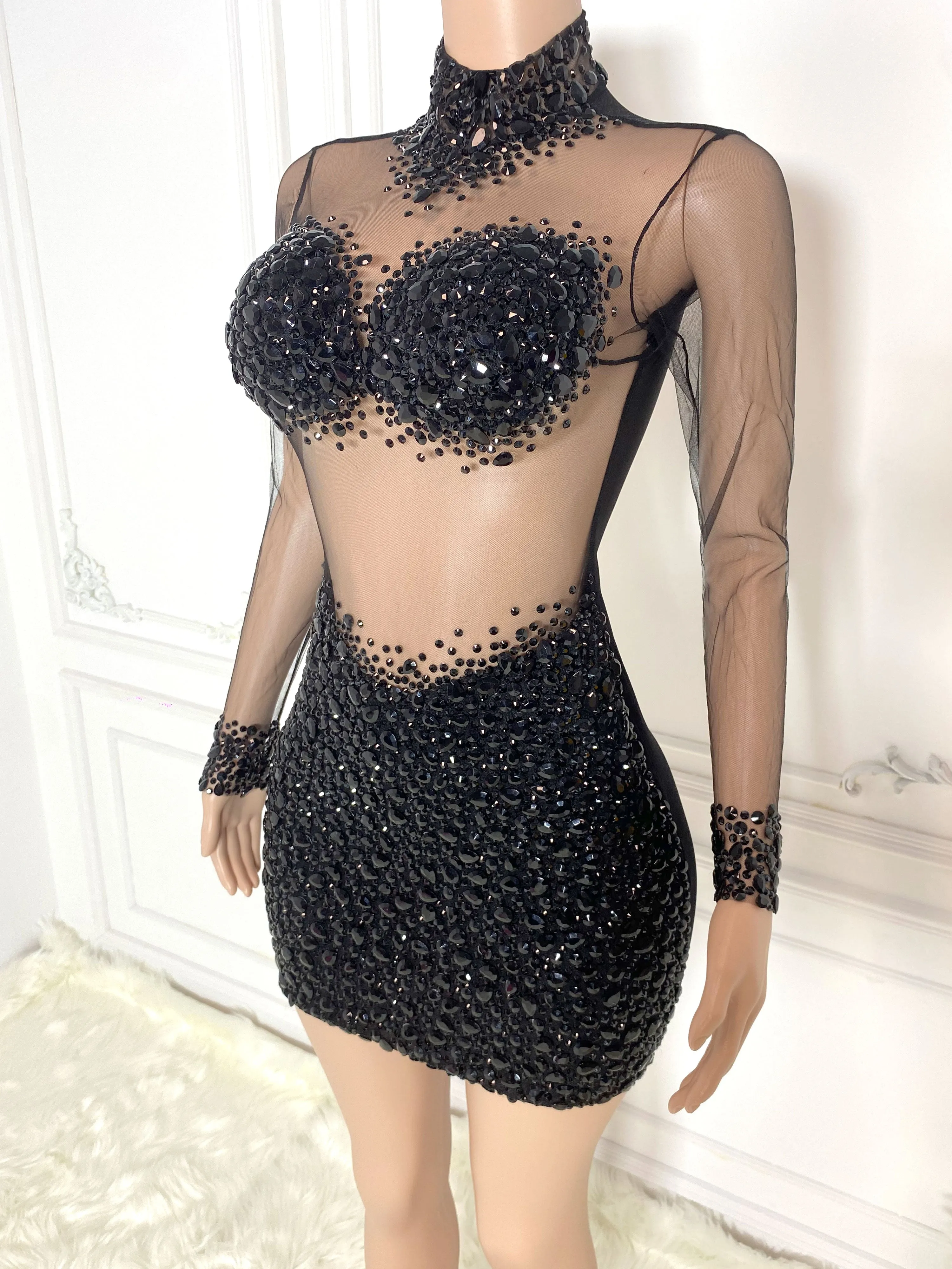 Black See Through and Big Rhinestone Long Sleeve Mini Dress