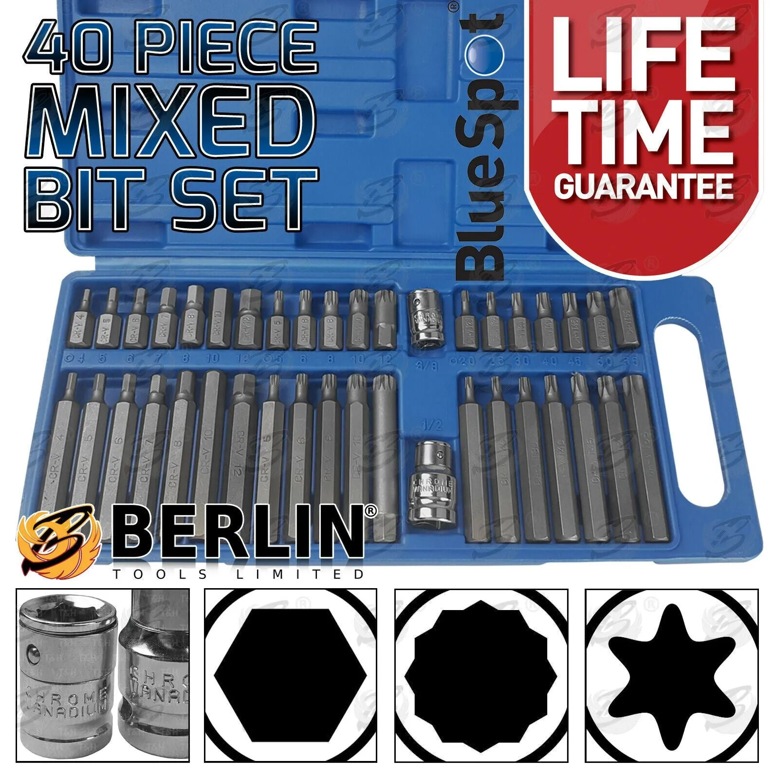 BLUESPOT 40PCS HEX - TORX - SPLINE BIT SOCKETS