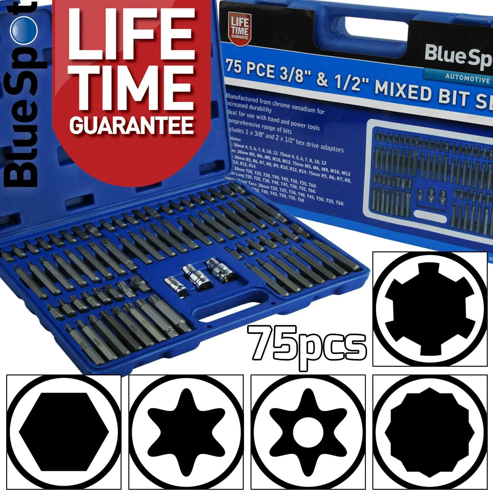 BLUESPOT 75PCS 3/8" & 1/2" DRIVE HEX - TORX - SPLINE - RIBE - TAMPERPROOF TORX BIT SOCKETS