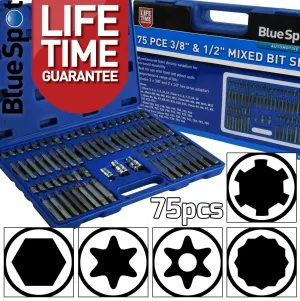 BLUESPOT 75PCS 3/8" & 1/2" DRIVE HEX - TORX - SPLINE - RIBE - TAMPERPROOF TORX BIT SOCKETS
