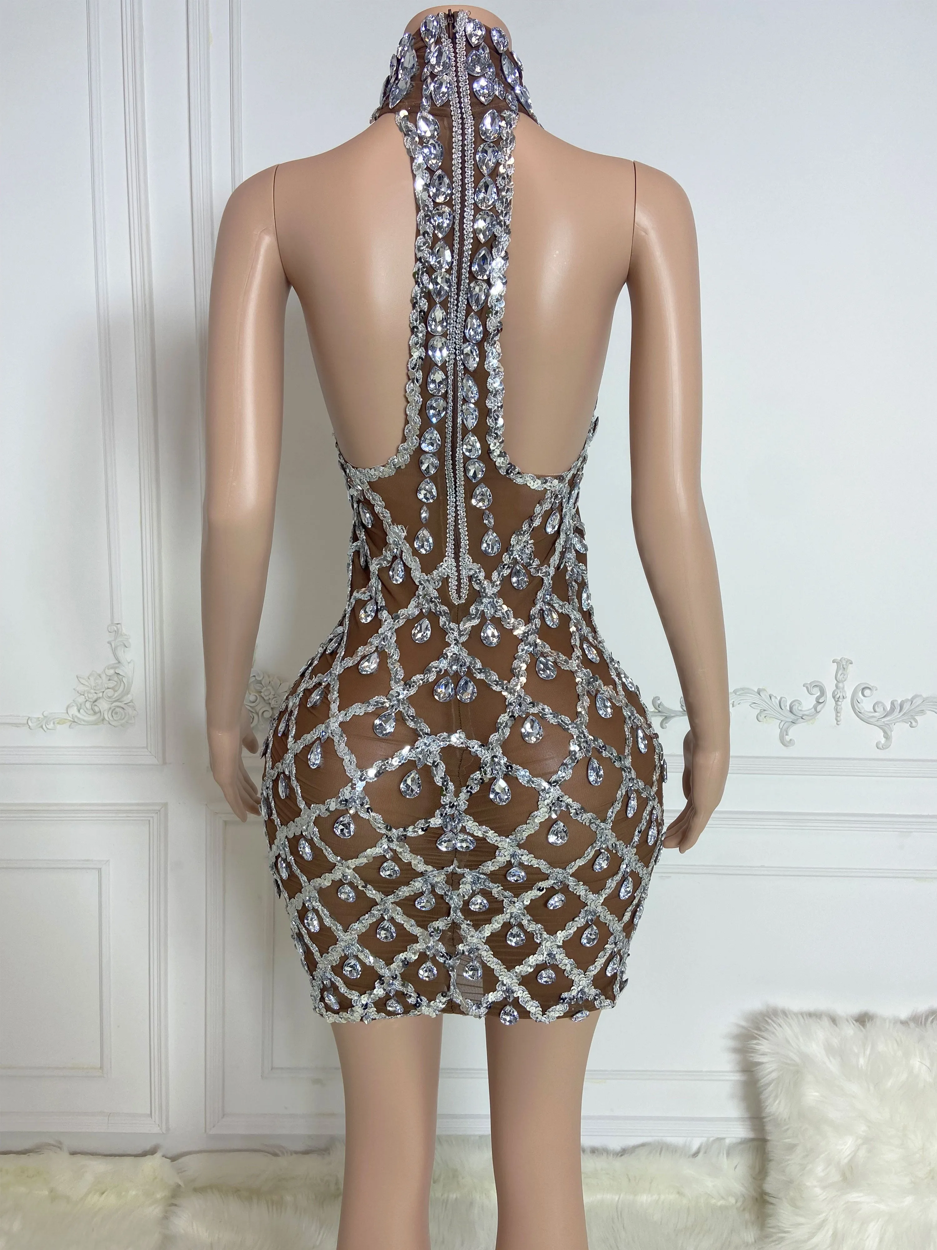 Brown See Through and Big Rhinestone Sleeveless Mini Dress