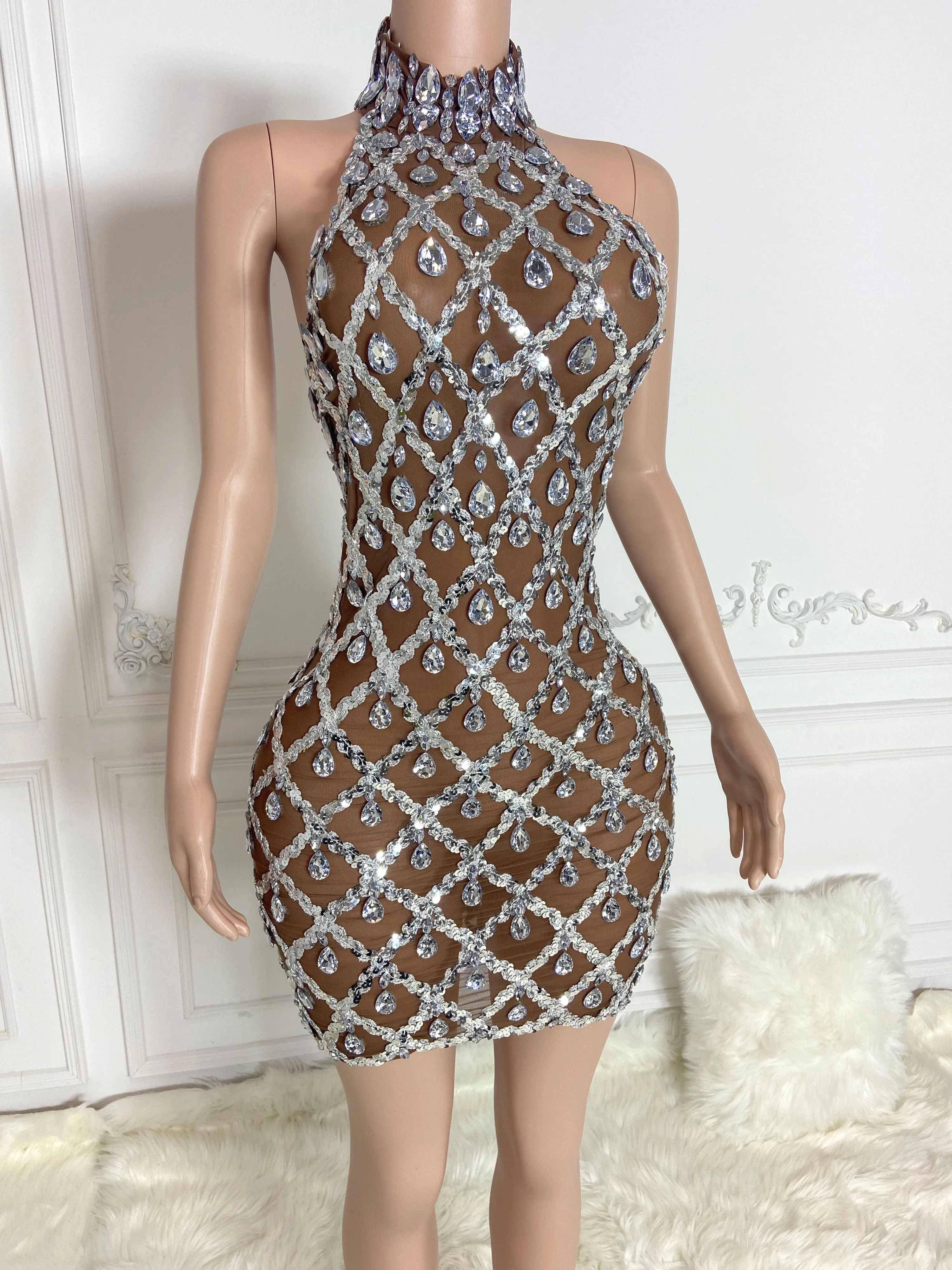 Brown See Through and Big Rhinestone Sleeveless Mini Dress